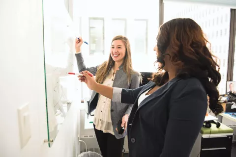 Adults drawing on the whiteboard.