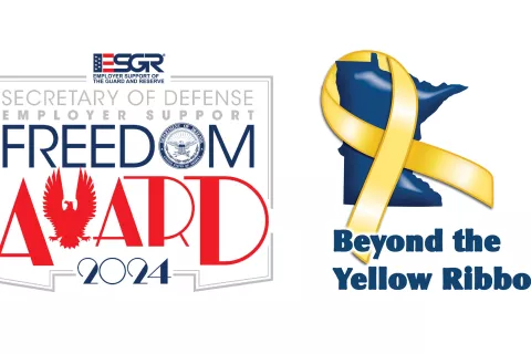 The Freedom Award badge and the Beyond the Yellow Ribbon Award badge.