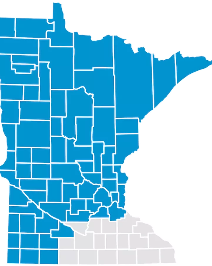 A map of Minnesota highlighting every county except the southeast region.