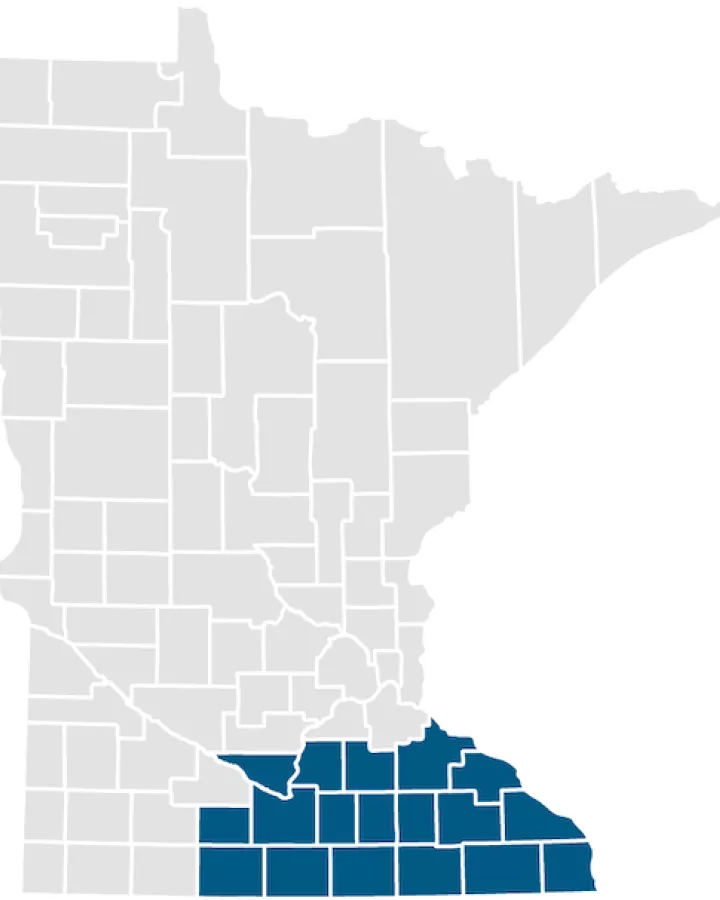 A map highlighting the southeastern counties of Minnesota in blue.